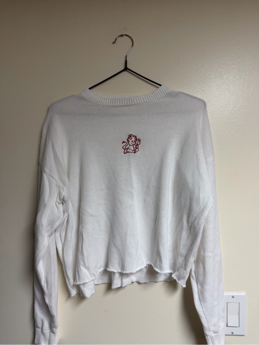 White Cropped Knit Sweater with Red Devil Embroidery - Brandy Melville